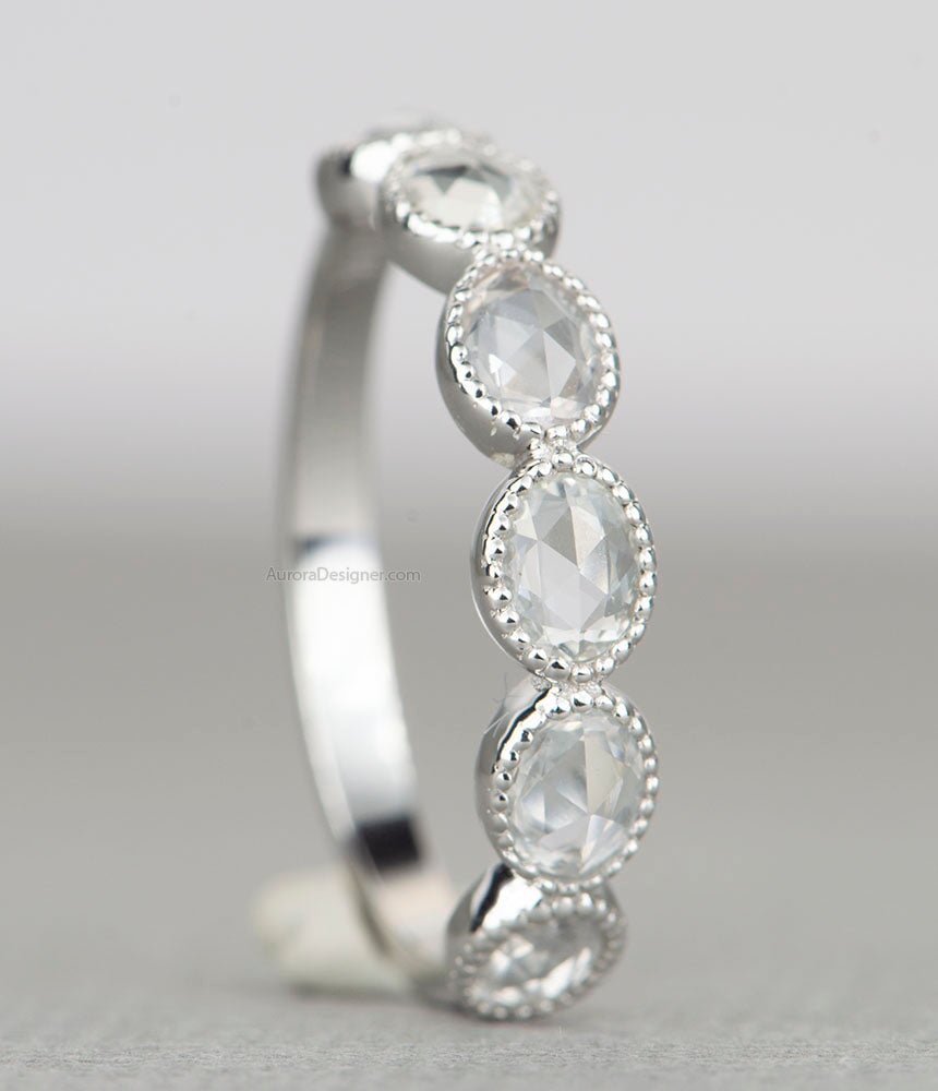 Rose Cut Oval White Sapphire Wedding Band 14K White Gold AD1783 Aurora Designer