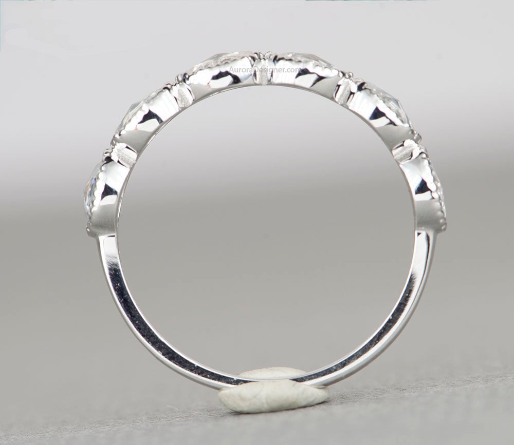 Rose Cut Oval White Sapphire Wedding Band 14K White Gold AD1783 Aurora Designer