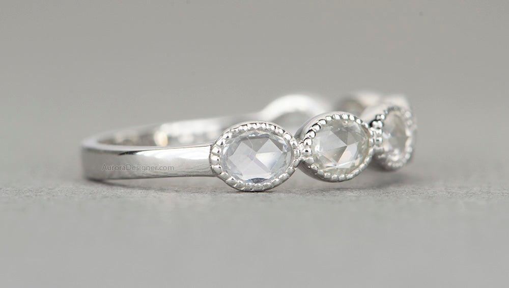 Rose Cut Oval White Sapphire Wedding Band 14K White Gold AD1783 Aurora Designer