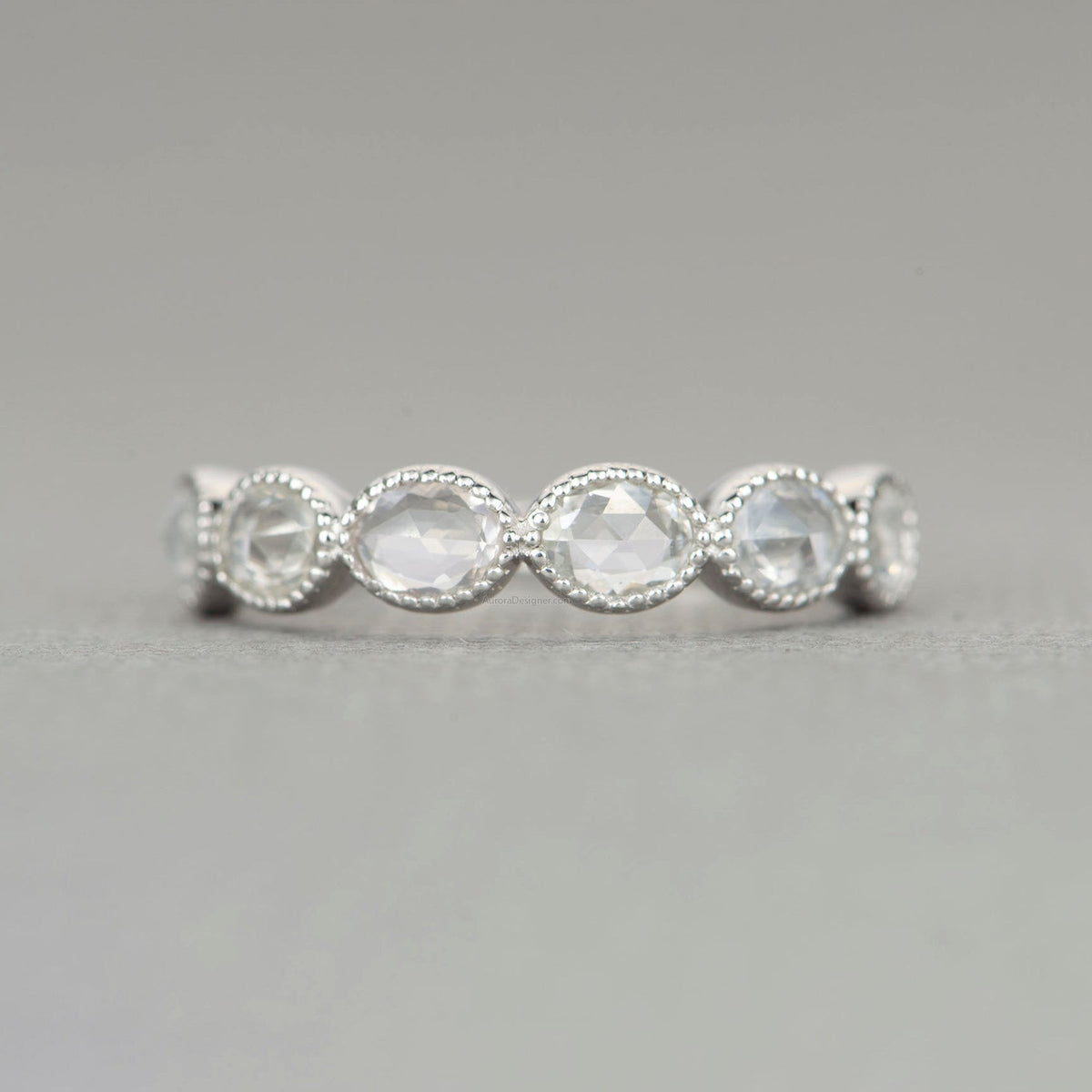 Rose Cut Oval White Sapphire Wedding Band 14K White Gold AD1783 Aurora Designer