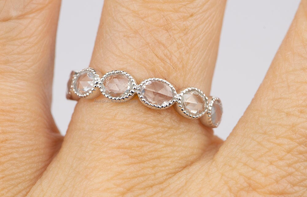 Rose Cut Oval White Sapphire Wedding Band 14K White Gold AD1783 Aurora Designer