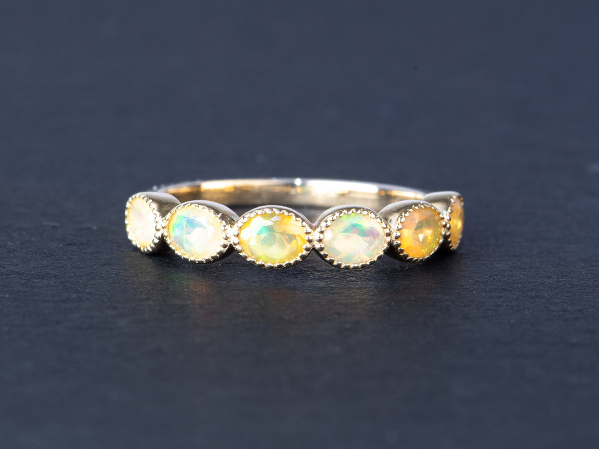 Oval Ethiopian Opal Milgrain Bezel Set Wedding Band 14K Gold AD1796 Aurora Designer