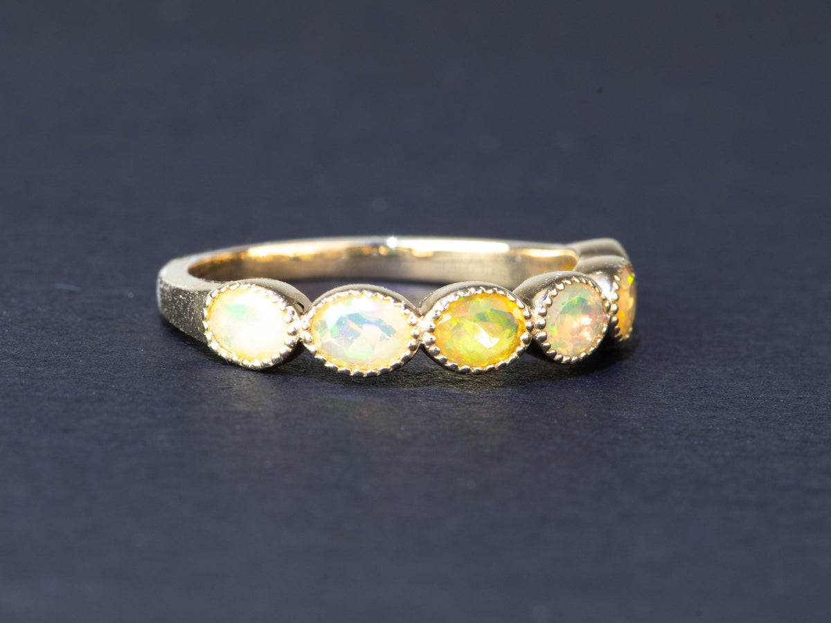 Oval Ethiopian Opal Milgrain Bezel Set Wedding Band 14K Gold AD1796 Aurora Designer