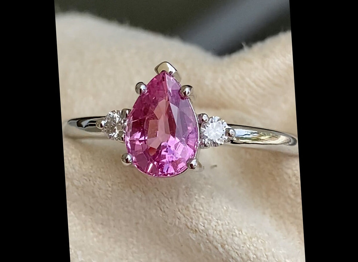 1.02ct Pink Sapphire Trio Ring 14K White Gold Engagement Ring Moissanite Sides AD1801-9 Aurora Designer