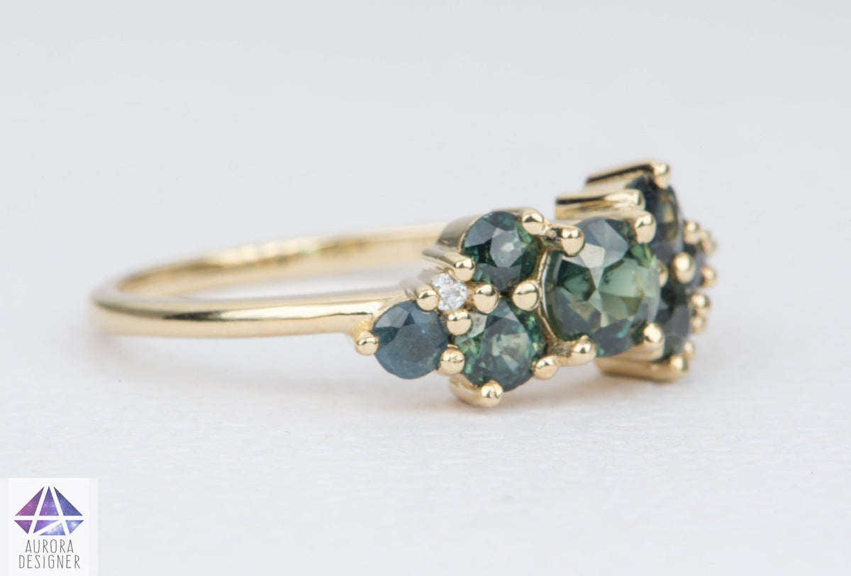 1.5ctw Teal Blue Sapphire and Diamond Cluster Ring 14K Gold AD1805 Aurora Designer