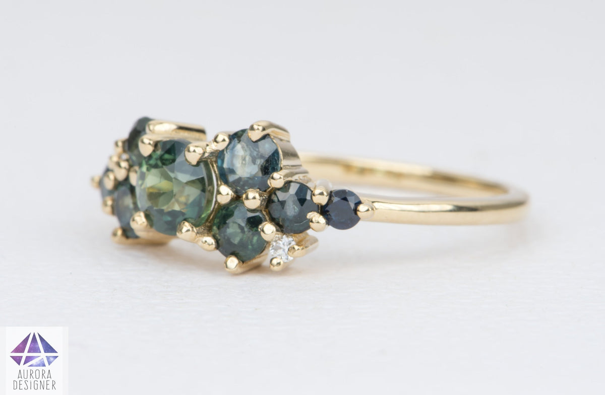 1.5ctw Teal Blue Sapphire and Diamond Cluster Ring 14K Gold AD1805 Aurora Designer