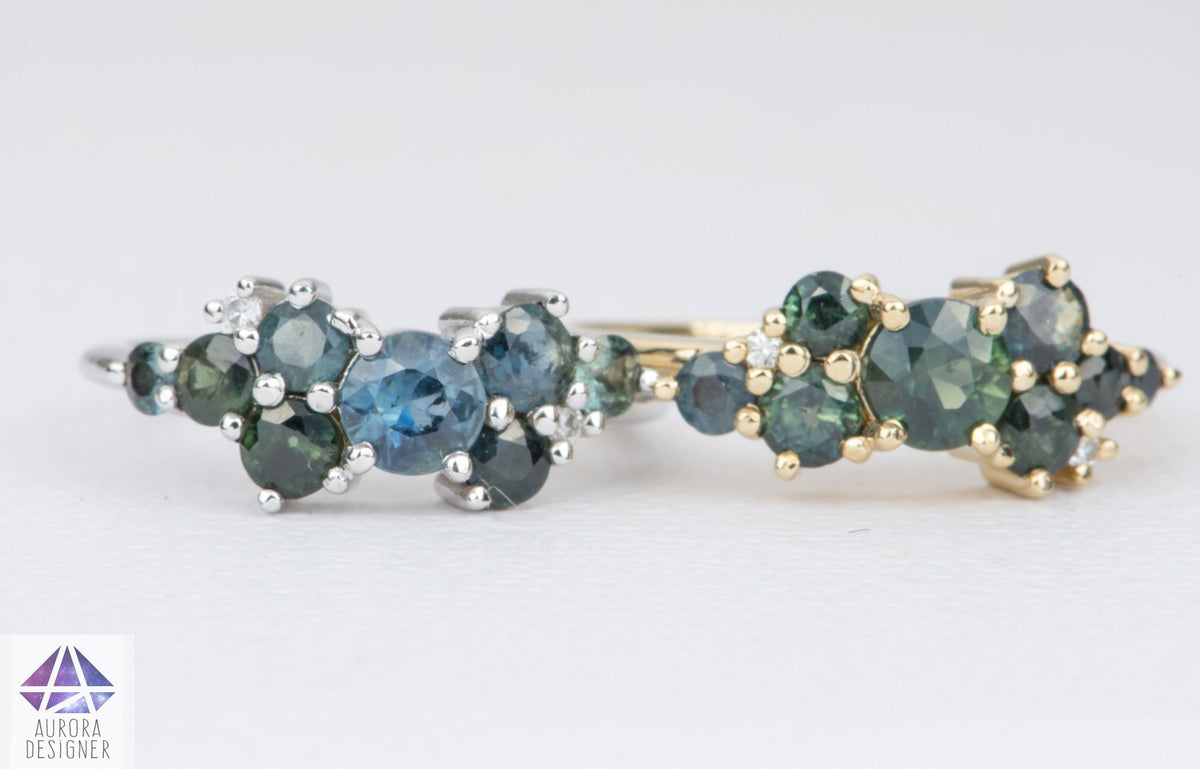 1.5ctw Teal Blue Sapphire and Diamond Cluster Ring 14K Gold AD1805 Aurora Designer