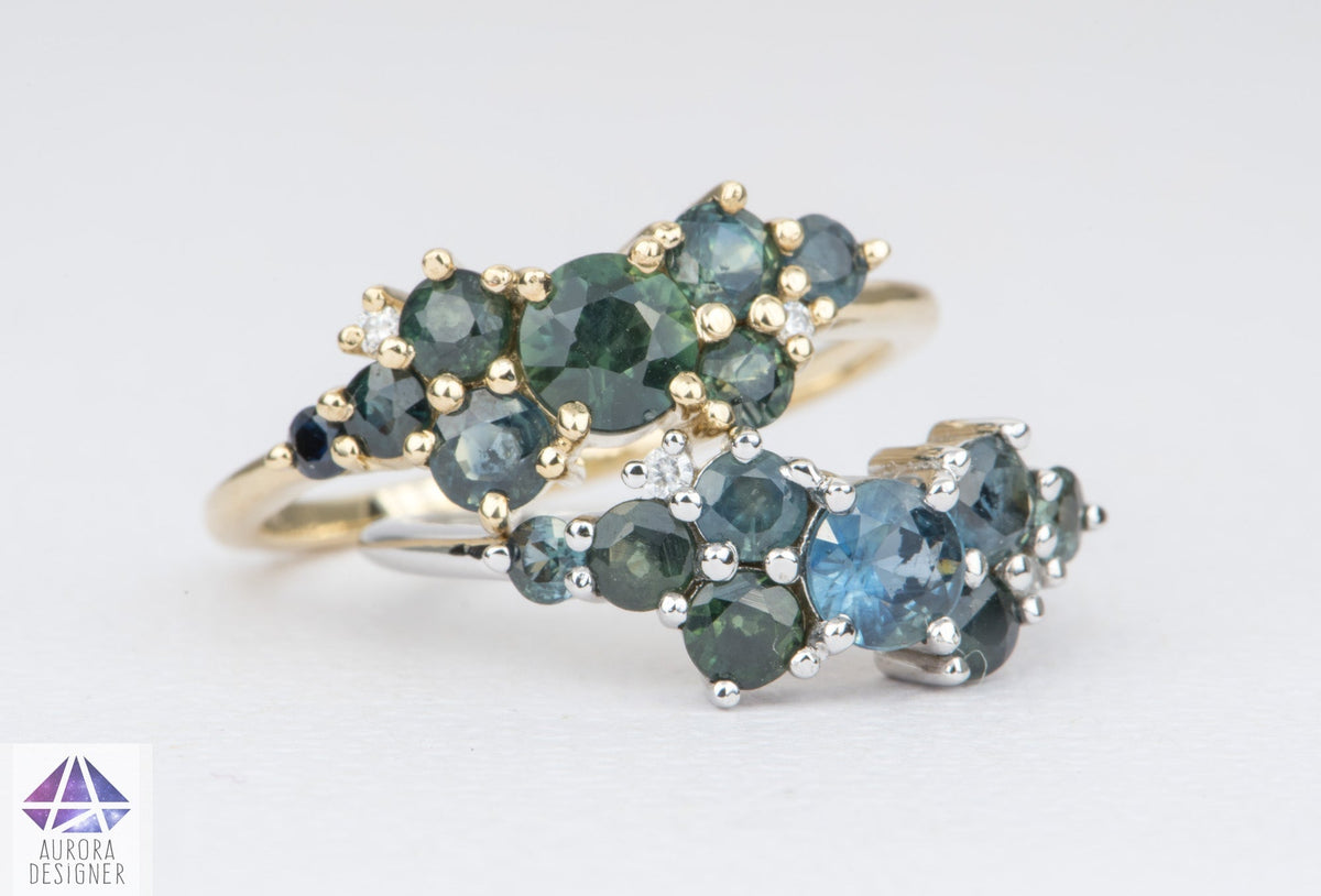 1.5ctw Teal Blue Sapphire and Diamond Cluster Ring 14K Gold AD1805 Aurora Designer