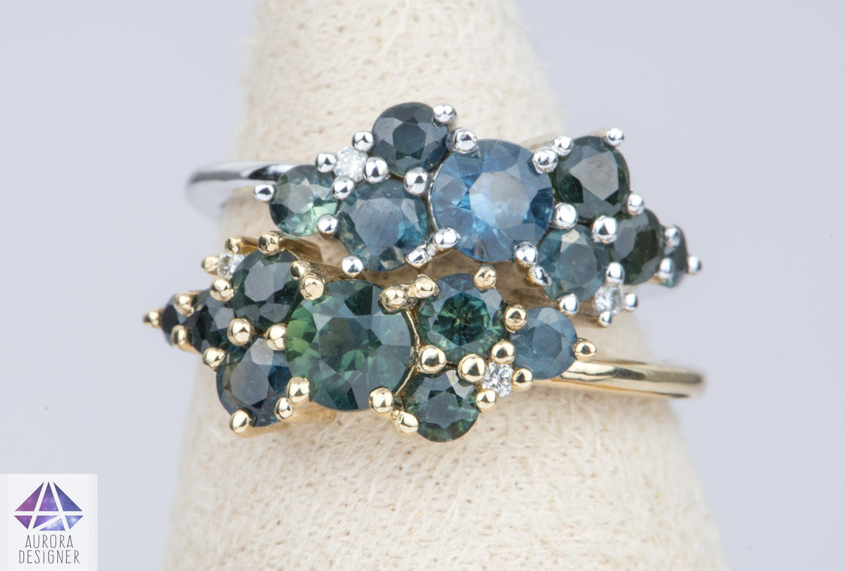 1.5ctw Teal Blue Sapphire and Diamond Cluster Ring 14K Gold AD1805 Aurora Designer