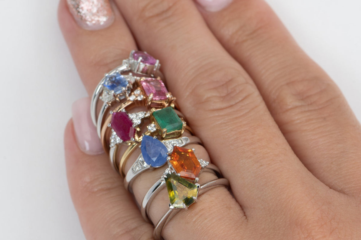 Emerald and White Sapphire 3-Stone Ring 14K Gold T016 Aurora Designer