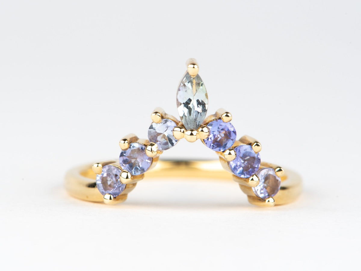 Purplish Blue Tanzanite Deep V-Shape Wedding Band 14K Gold Beautiful Crown Sunburst Design AD1925T Aurora Designer