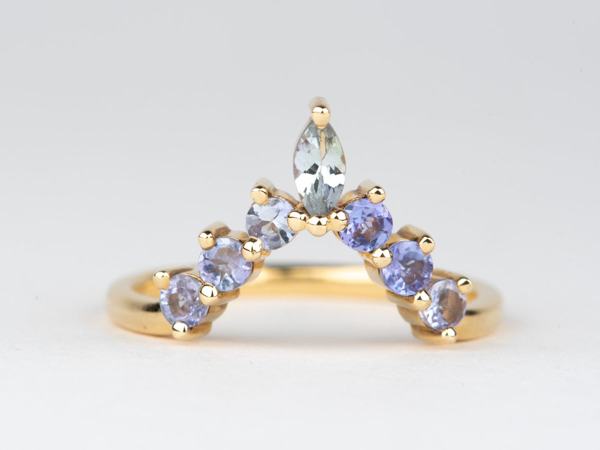 Purplish Blue Tanzanite Deep V-Shape Wedding Band 14K Gold Beautiful Crown Sunburst Design AD1925T Aurora Designer