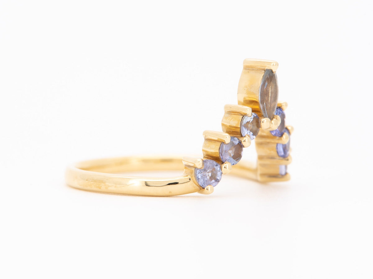 Purplish Blue Tanzanite Deep V-Shape Wedding Band 14K Gold Beautiful Crown Sunburst Design AD1925T Aurora Designer