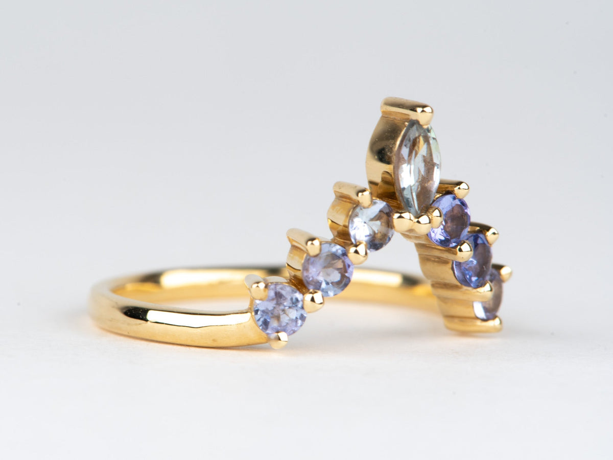 Purplish Blue Tanzanite Deep V-Shape Wedding Band 14K Gold Beautiful Crown Sunburst Design AD1925T Aurora Designer
