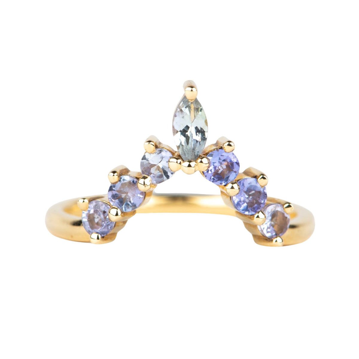 Purplish Blue Tanzanite Deep V-Shape Wedding Band 14K Gold Beautiful Crown Sunburst Design AD1925T Aurora Designer