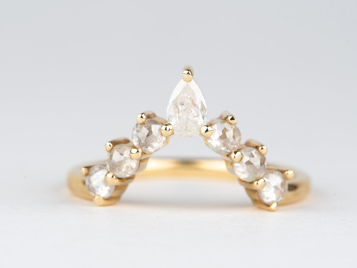 Opalescent Fancy White Diamond Chevron Wedding Band 14K Yellow Gold Crown Sunburst Designer Stylish AD1926W Aurora Designer