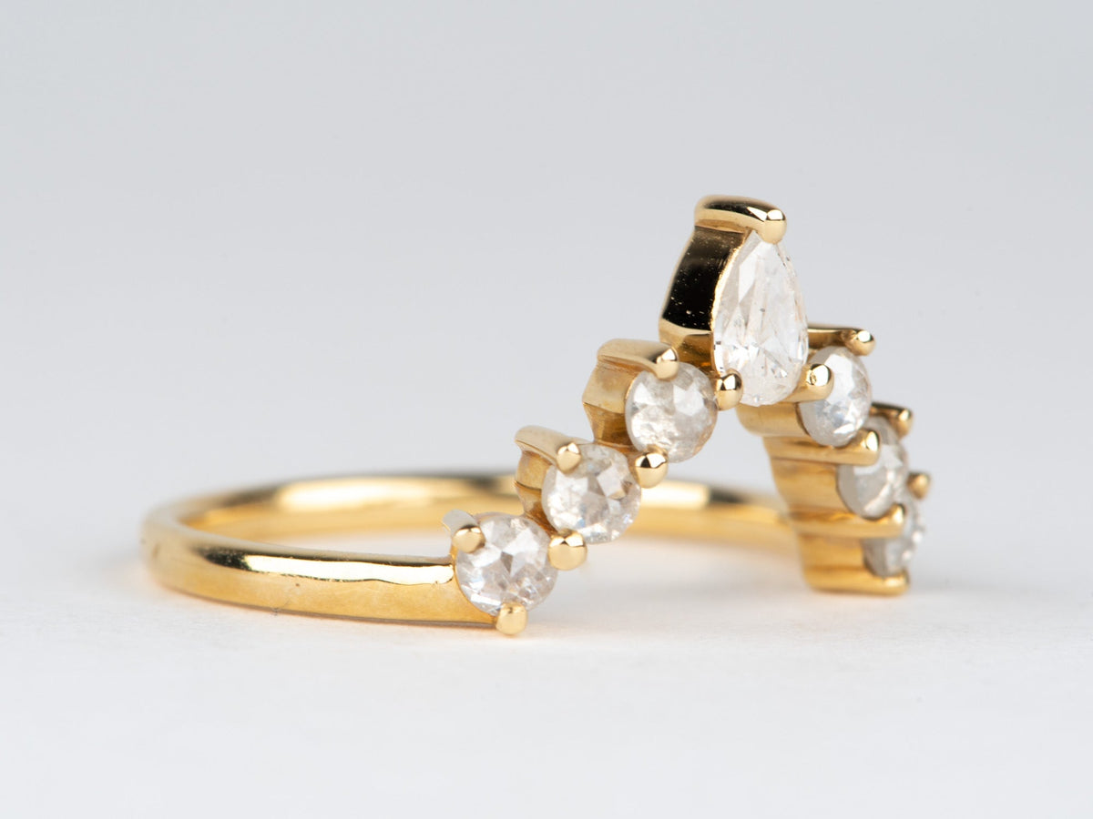 Opalescent Fancy White Diamond Chevron Wedding Band 14K Yellow Gold Crown Sunburst Designer Stylish AD1926W Aurora Designer