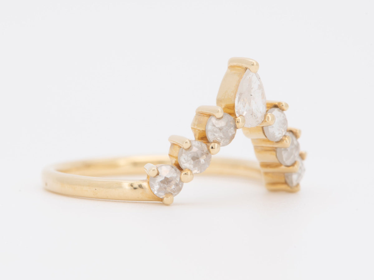 Opalescent Fancy White Diamond Chevron Wedding Band 14K Yellow Gold Crown Sunburst Designer Stylish AD1926W Aurora Designer