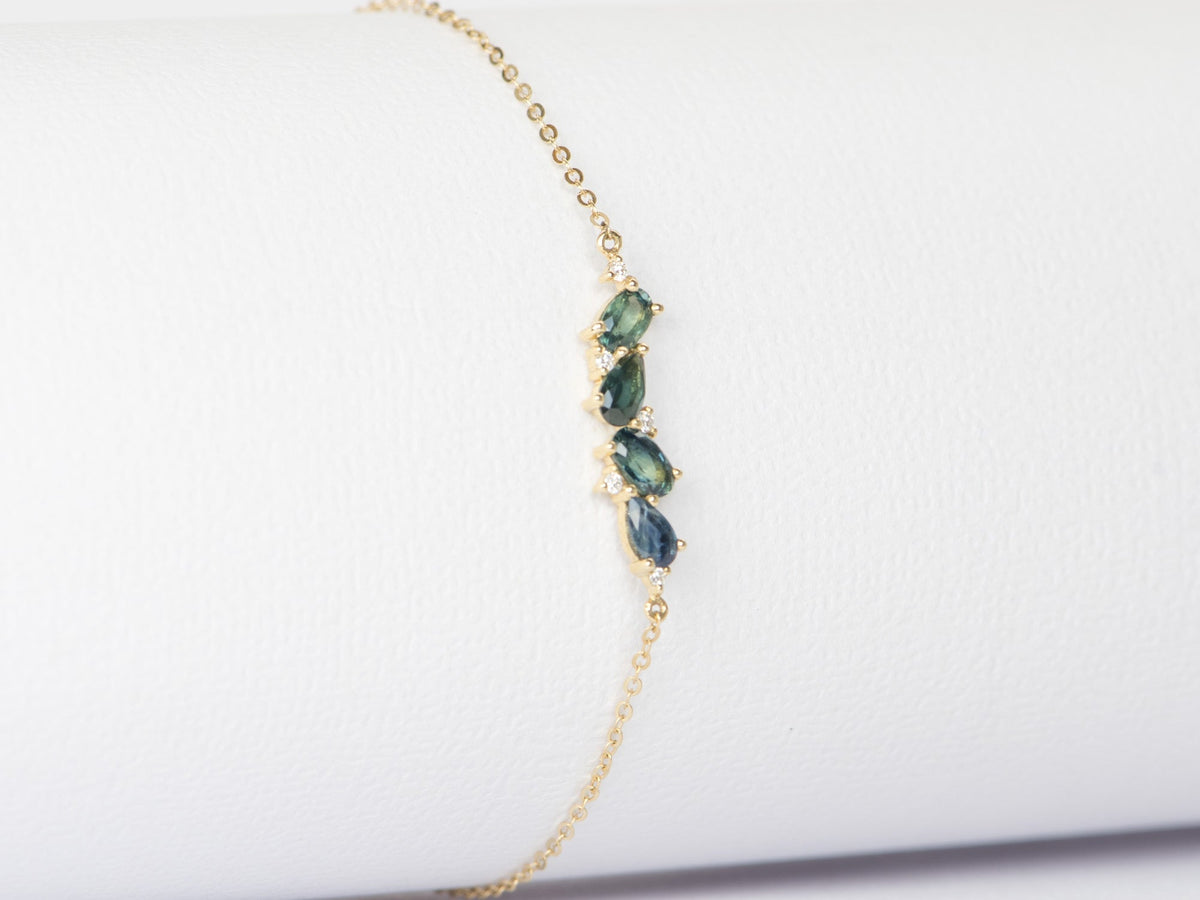 Teal Blue Sapphire Diamond Cluster Chain Link Bracelet 14K Gold Pear Oval Shape Green AD2099 Aurora Designer