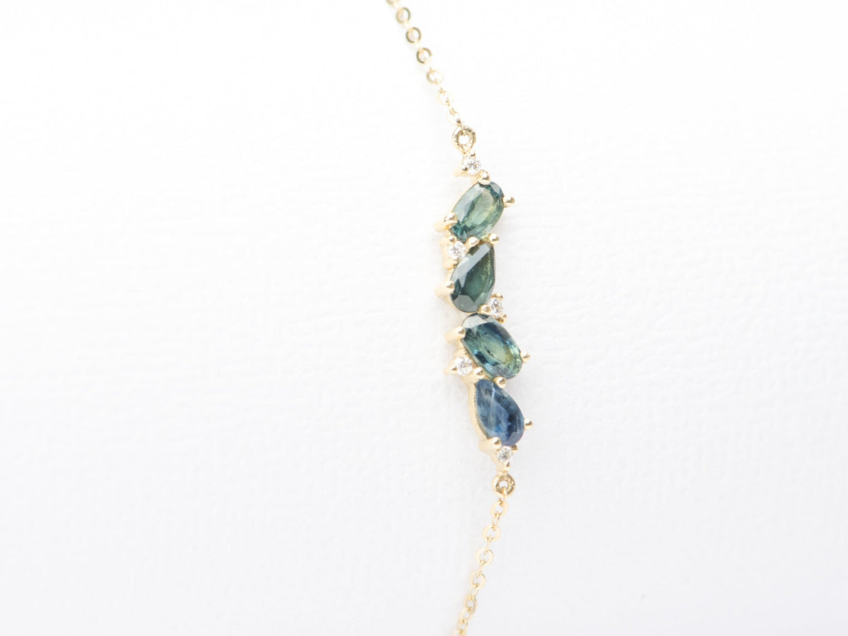 Teal Blue Sapphire Diamond Cluster Chain Link Bracelet 14K Gold Pear Oval Shape Green AD2099 Aurora Designer