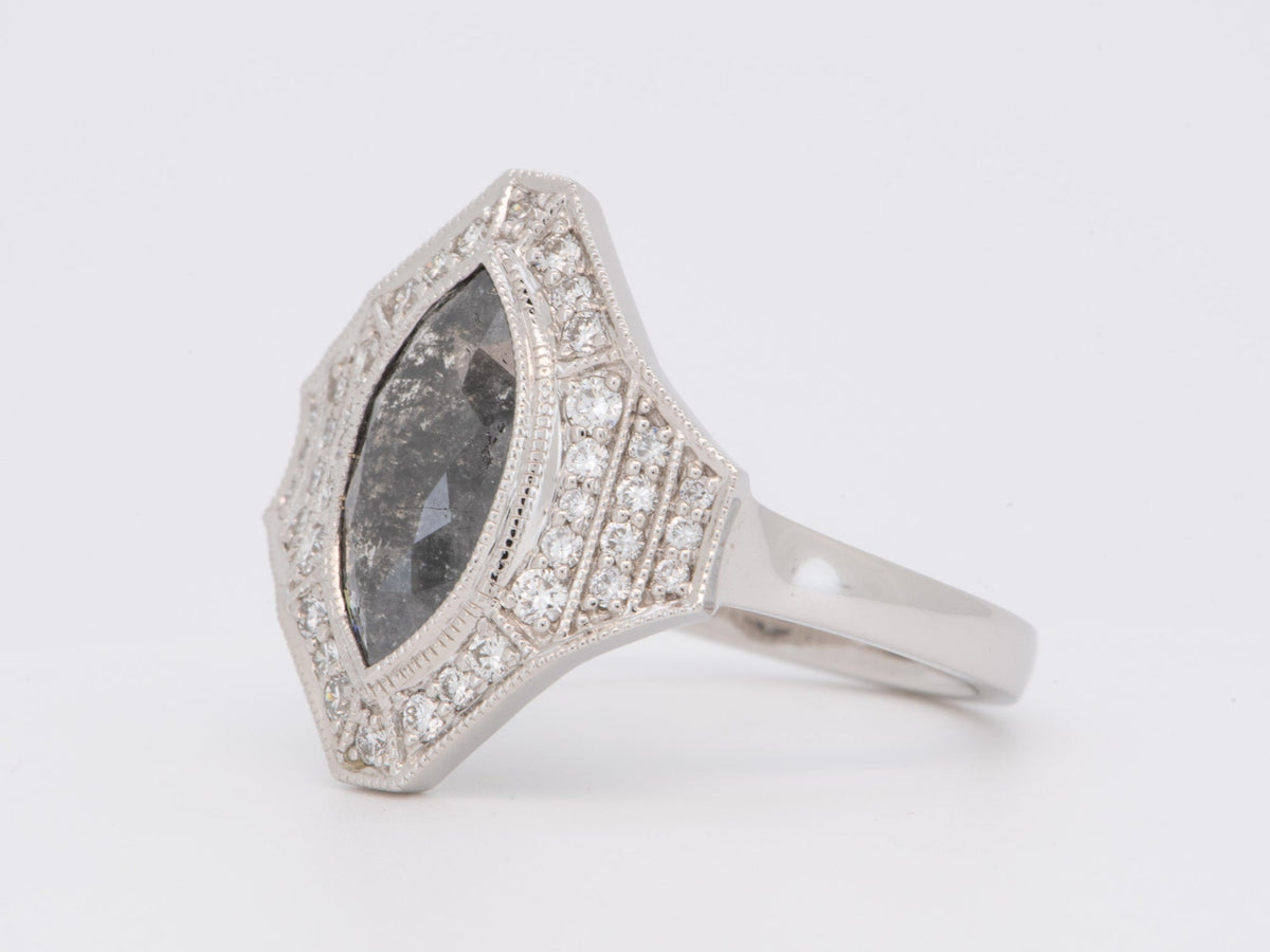 Statement Salt and Pepper Diamond with Halo Engagement Ring 14K White Gold Marquise AD2119 Aurora Designer