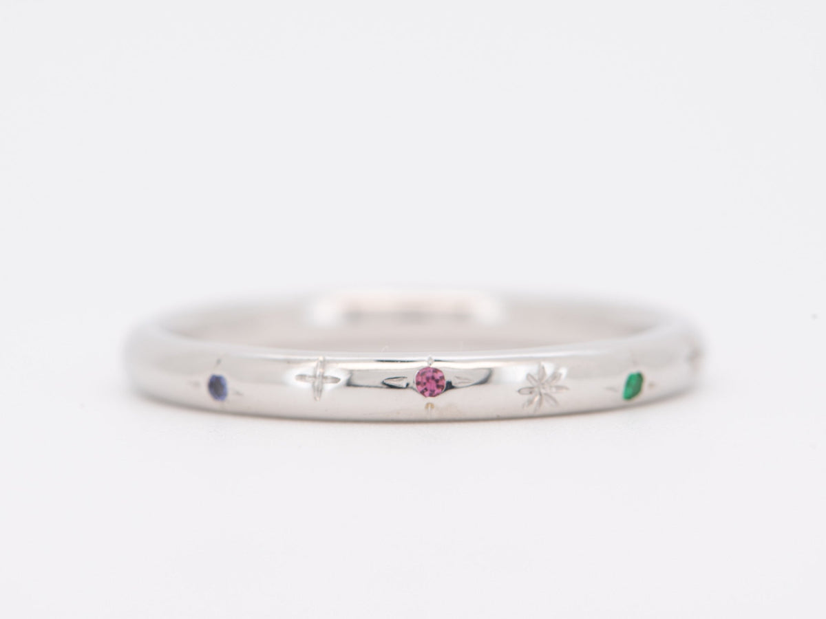 Birthstone and Stars Ring 2mm Wide 14K White Gold Wedding Band Hand Engraved Star Celestial with Emerald Pink Tourmaline and Tanzanite AD2316C Aurora Designer