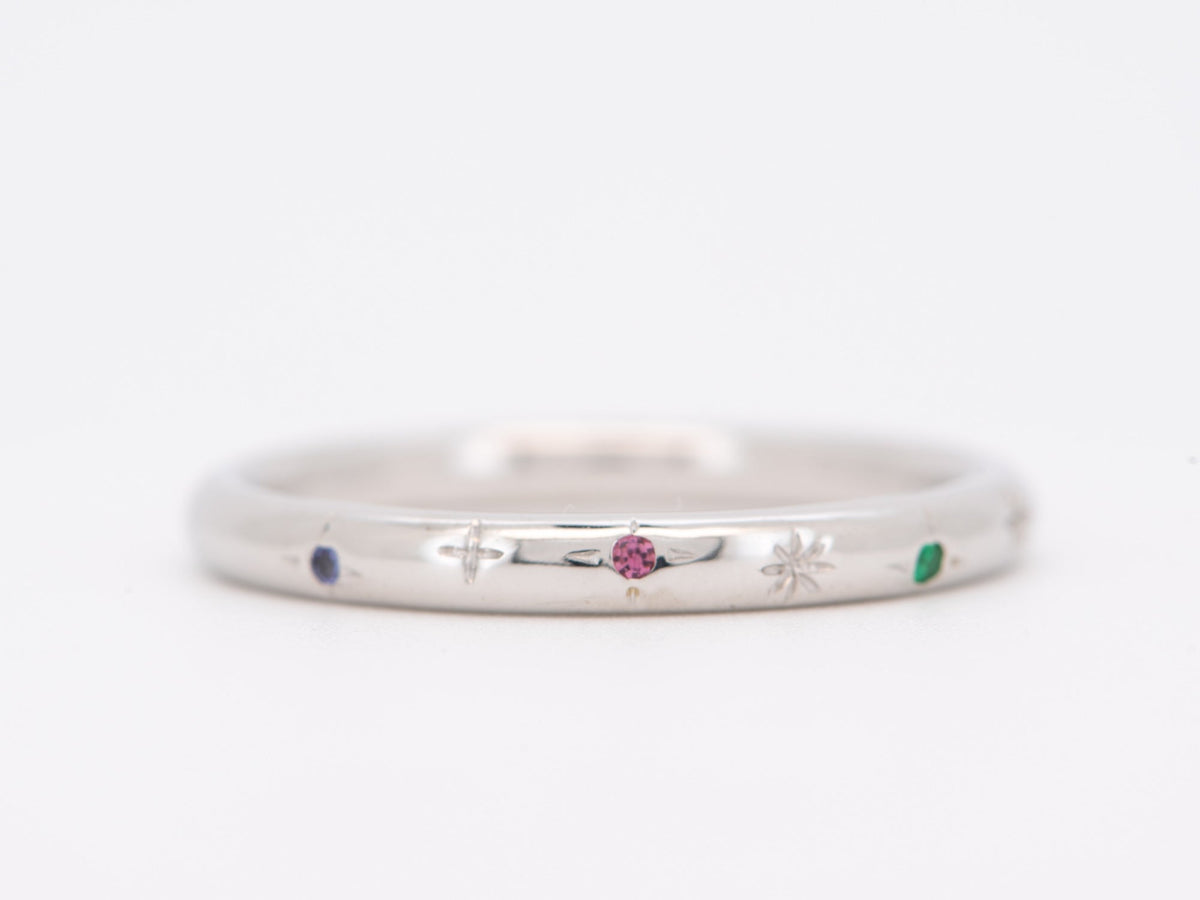 Birthstone and Stars Ring 2mm Wide 14K White Gold Wedding Band Hand Engraved Star Celestial with Emerald Pink Tourmaline and Tanzanite AD2316C Aurora Designer