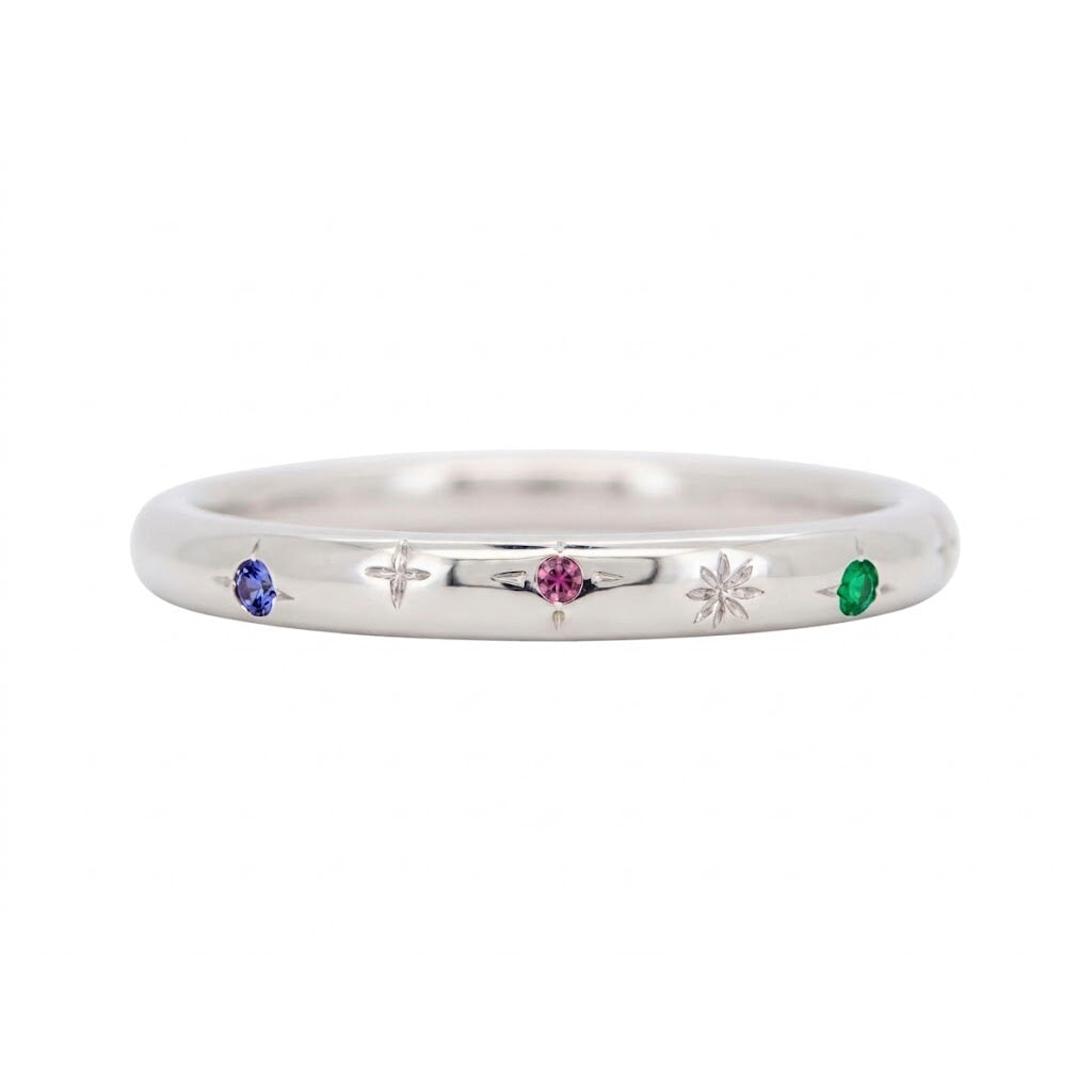 Birthstone and Stars Ring 2mm Wide 14K White Gold Emerald Pink Tourmaline and Tanzanite AD2316C Aurora Designer