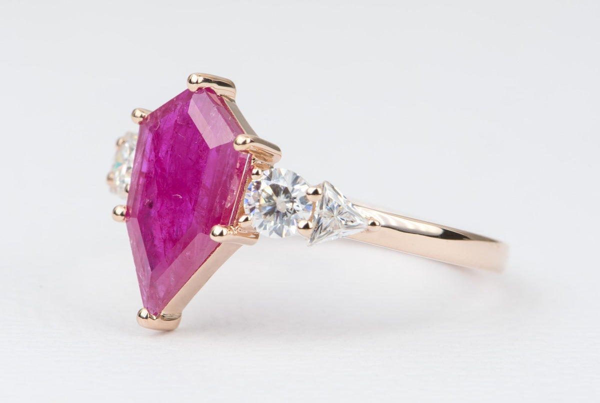 2.03ct Hexagon Ruby Engagement Ring 14K Rose Gold Moissanite Sides OOAK Unique Alternative AD2329 Aurora Designer