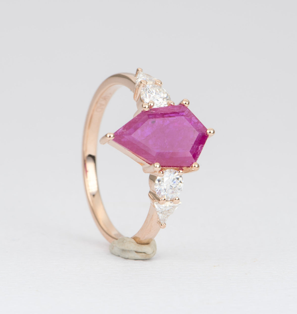 2.03ct Hexagon Ruby Engagement Ring 14K Rose Gold Moissanite Sides OOAK Unique Alternative AD2329 Aurora Designer