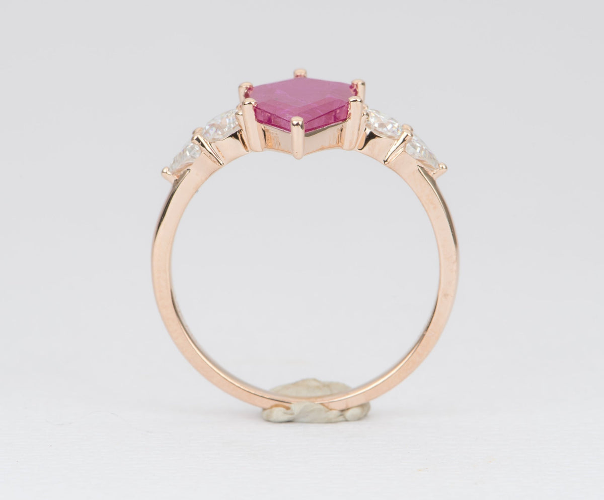 2.03ct Hexagon Ruby Engagement Ring 14K Rose Gold Moissanite Sides OOAK Unique Alternative AD2329 Aurora Designer