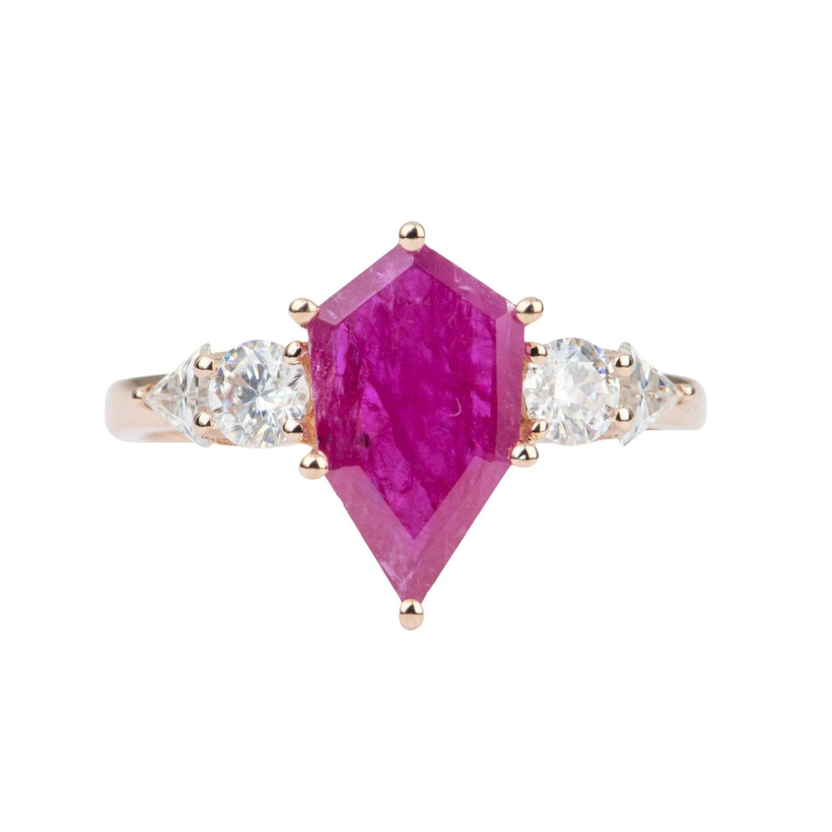2.03ct Hexagon Ruby Engagement Ring 14K Rose Gold Moissanite Sides OOAK Unique Alternative AD2329 Aurora Designer