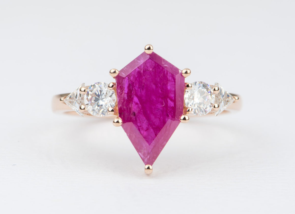 2.03ct Hexagon Ruby Engagement Ring 14K Rose Gold Moissanite Sides OOAK Unique Alternative AD2329 Aurora Designer