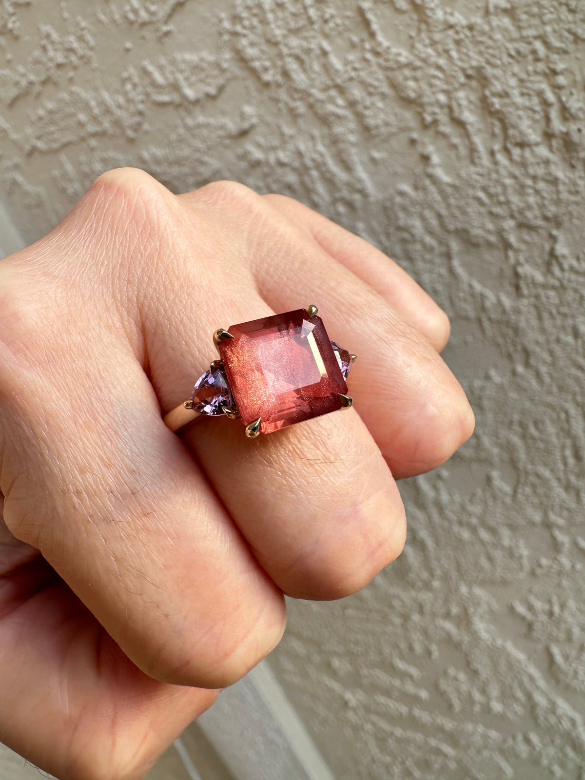 4.76ct Oregon Sunstone with Pink Spinel Engagement Ring 14K Yellow Gold R6275 Aurora Designer