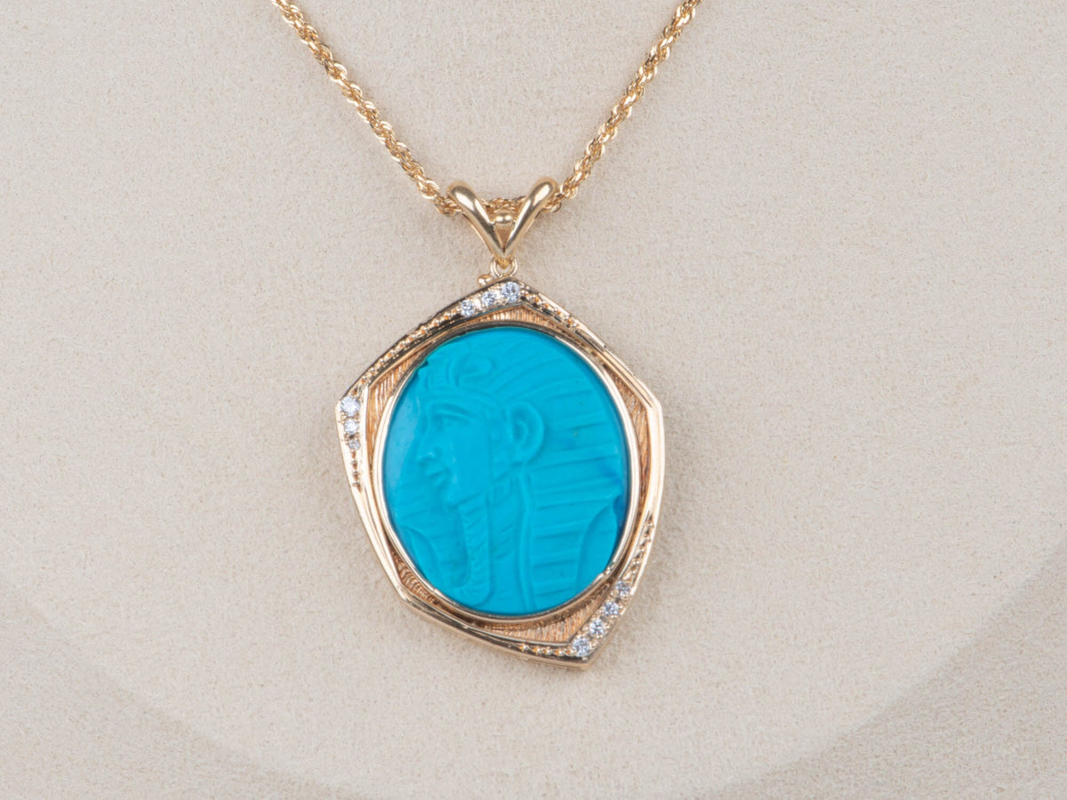 Egyptian Revival Carved Turquoise Pharaoh Pendant 18K Gold with Diamond Accent R4610 Aurora Designer