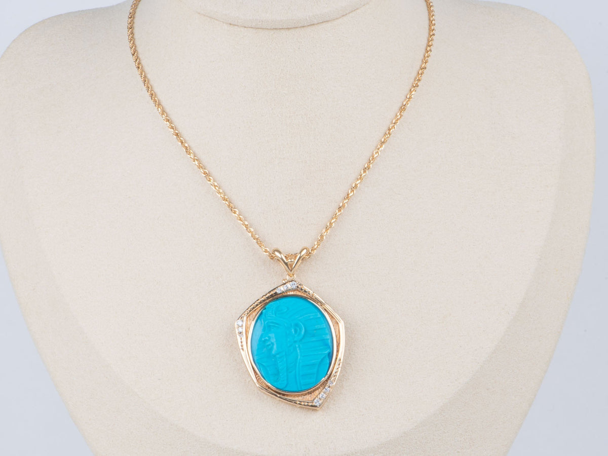 Egyptian Revival Carved Turquoise Pharaoh Pendant 18K Gold with Diamond Accent R4610 Aurora Designer