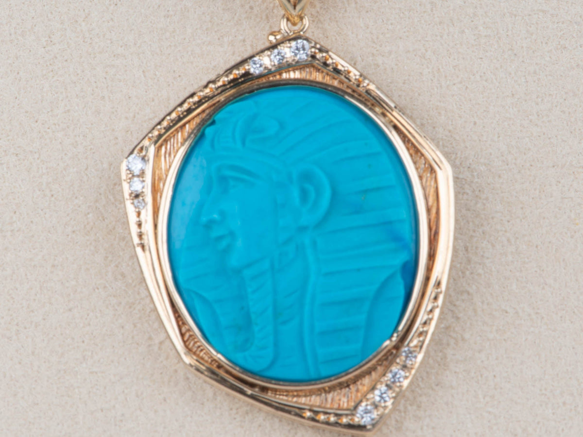 Egyptian Revival Carved Turquoise Pharaoh Pendant 18K Gold with Diamond Accent R4610 Aurora Designer