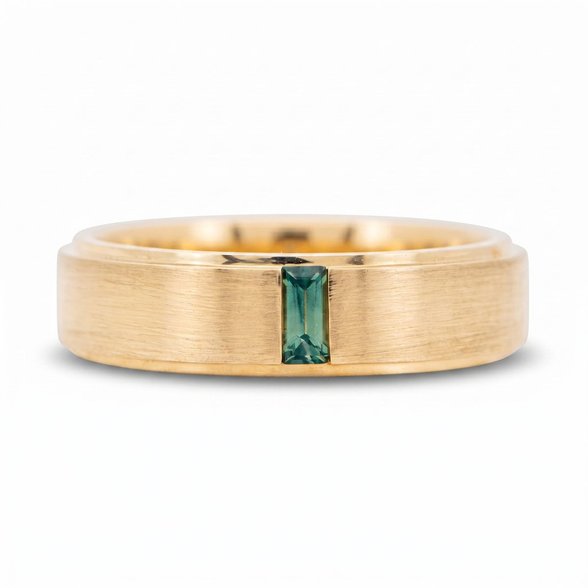14K Gold 5mm Wide Wedding Band with Baguette Teal Sapphire M5097 Aurora Designer