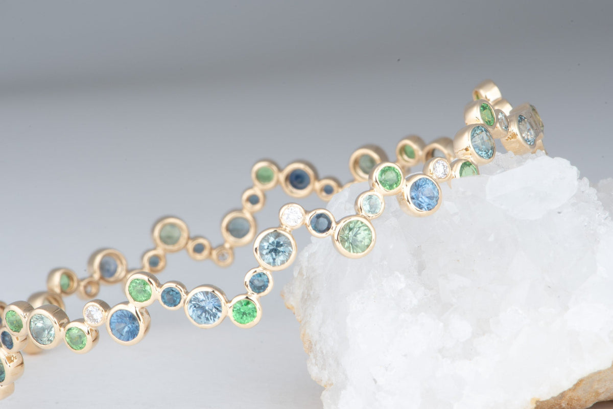 14K Gold Montana Sapphire and Diamond Bubbles Bangle M2105 Aurora Designer