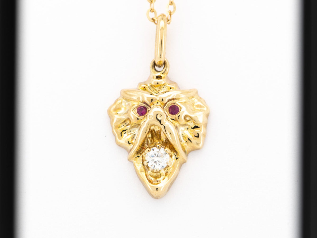 Vintage Inspired Griffin Pendant Solid 9K Gold Ruby Eyes Moissanite Mouth M4009 Aurora Designer