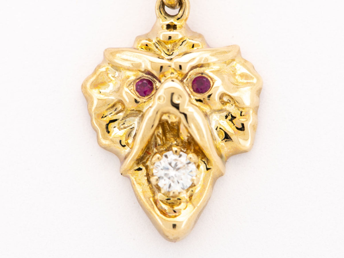 Vintage Inspired Griffin Pendant Solid 9K Gold Ruby Eyes Moissanite Mouth M4009 Aurora Designer