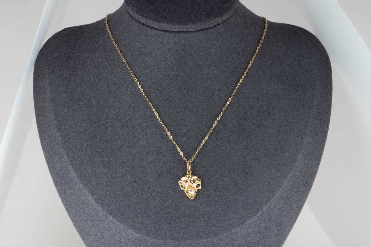 Vintage Inspired Griffin Pendant Solid 9K Gold Ruby Eyes Moissanite Mouth M4009 Aurora Designer