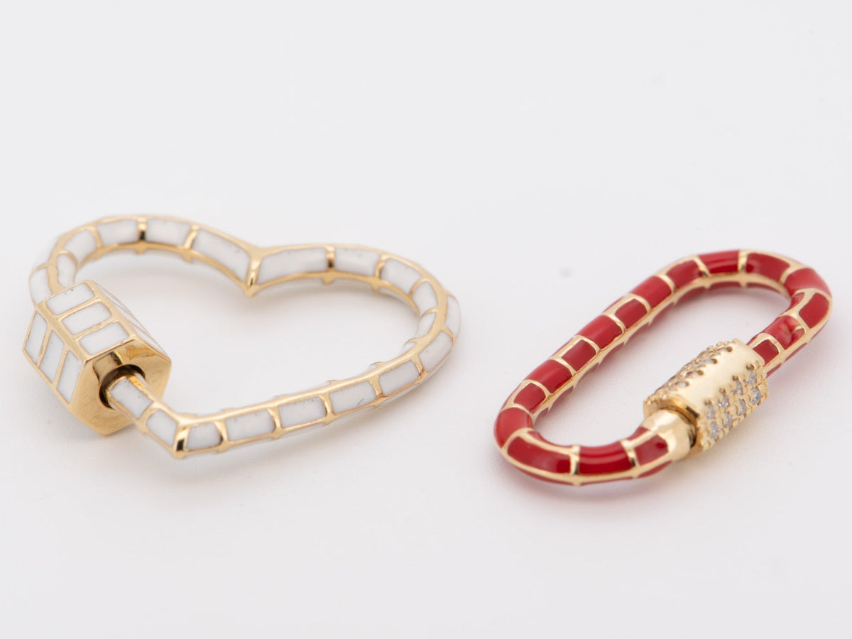 18K Gold Red Oval and White Heart Enamel Carabiner M4053 Aurora Designer