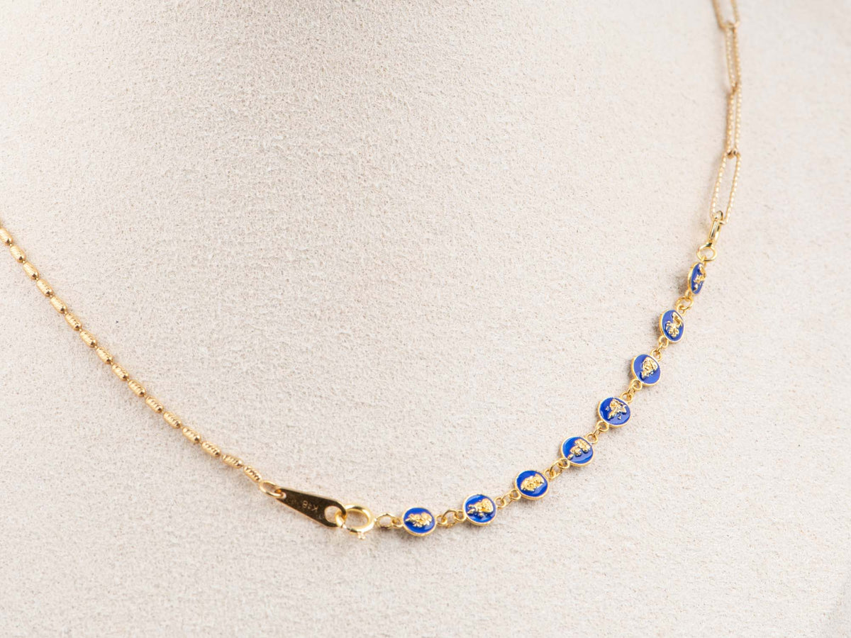 18K Gold Extension Chain 2.75" for Necklace Bracelet Eight Zodiac Guardian Deities Blue Enamel Circles Mini Buddhas Buddhist Buddhism Talisman Jewelry M4075 Aurora Designer