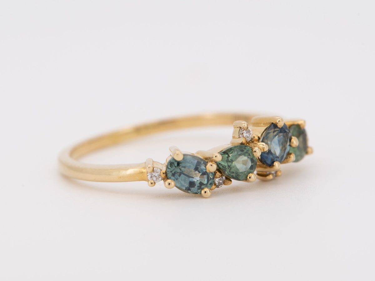 Teal Blue Montana Sapphire and Diamond Cluster Ring 14K Gold M5054 Aurora Designer