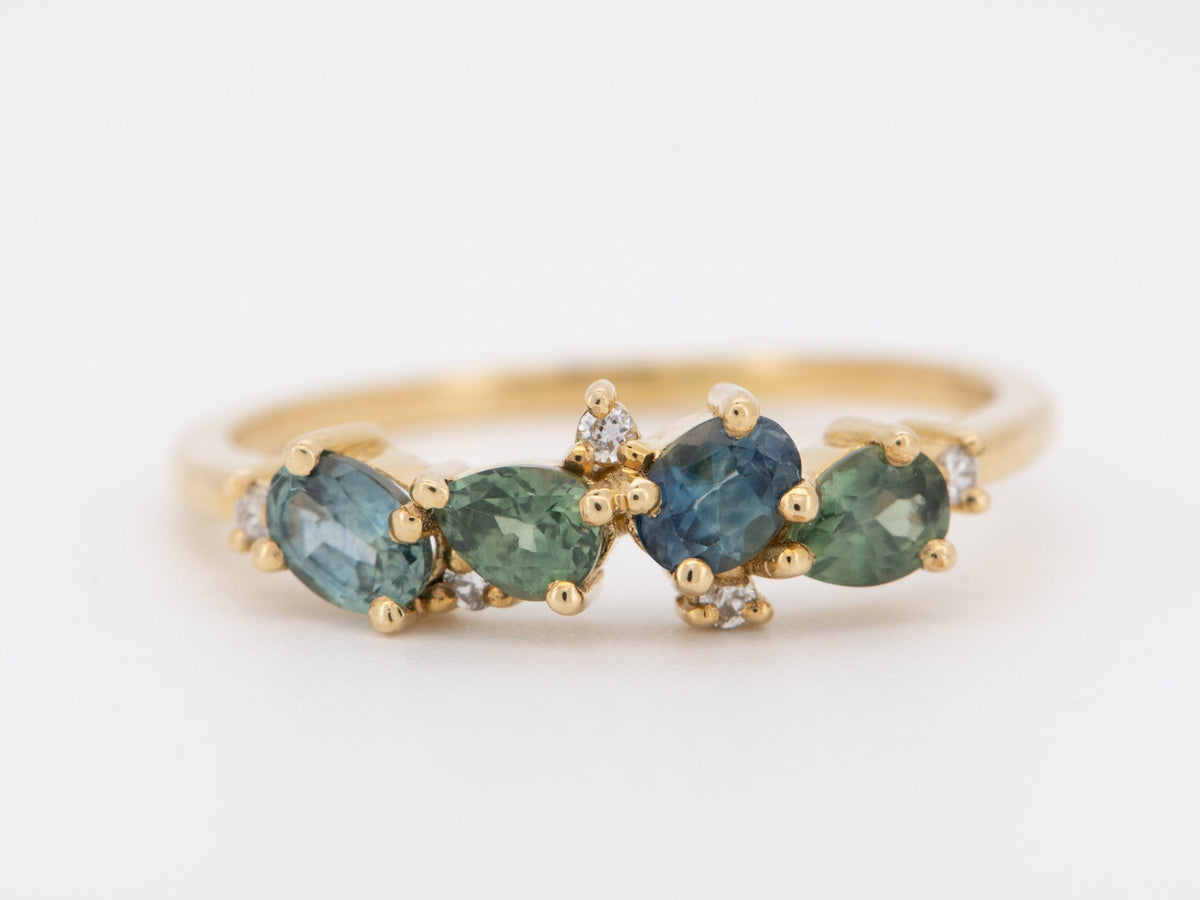 Teal Blue Montana Sapphire and Diamond Cluster Ring 14K Gold M5054 Aurora Designer