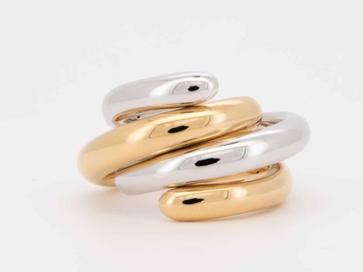 18K Gold Dual Tone Interlinked Ribbed Curvy Ring Band Hollow Light Weight Chunky High Rise Profile Designer Jewelry M5060 Aurora Designer