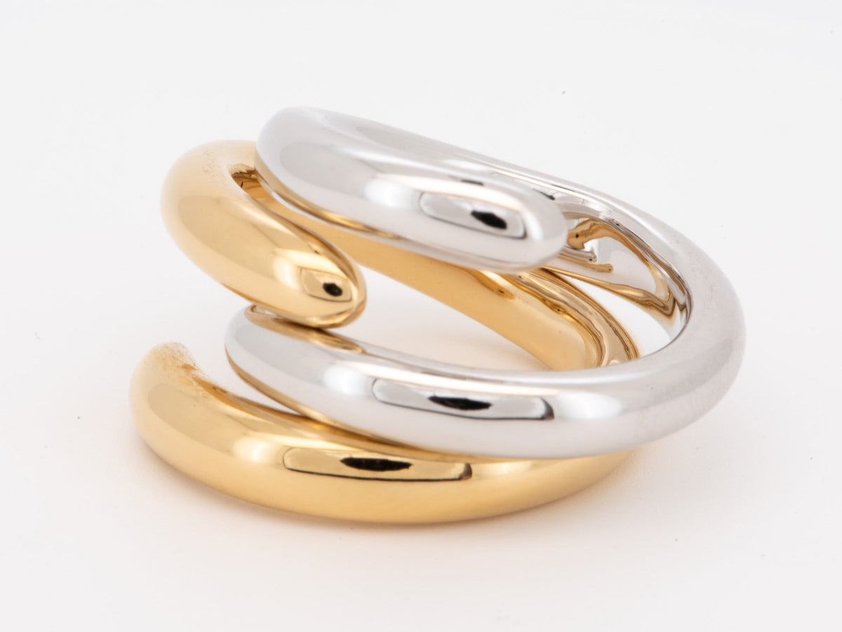 18K Gold Dual Tone Interlinked Ribbed Curvy Ring Band Hollow Light Weight Chunky High Rise Profile Designer Jewelry M5060 Aurora Designer