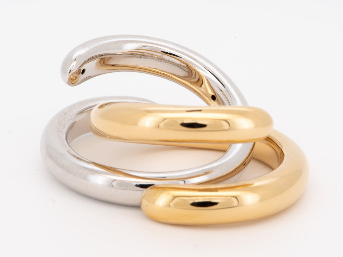 18K Gold Dual Tone Interlinked Ribbed Curvy Ring Band Hollow Light Weight Chunky High Rise Profile Designer Jewelry M5060 Aurora Designer