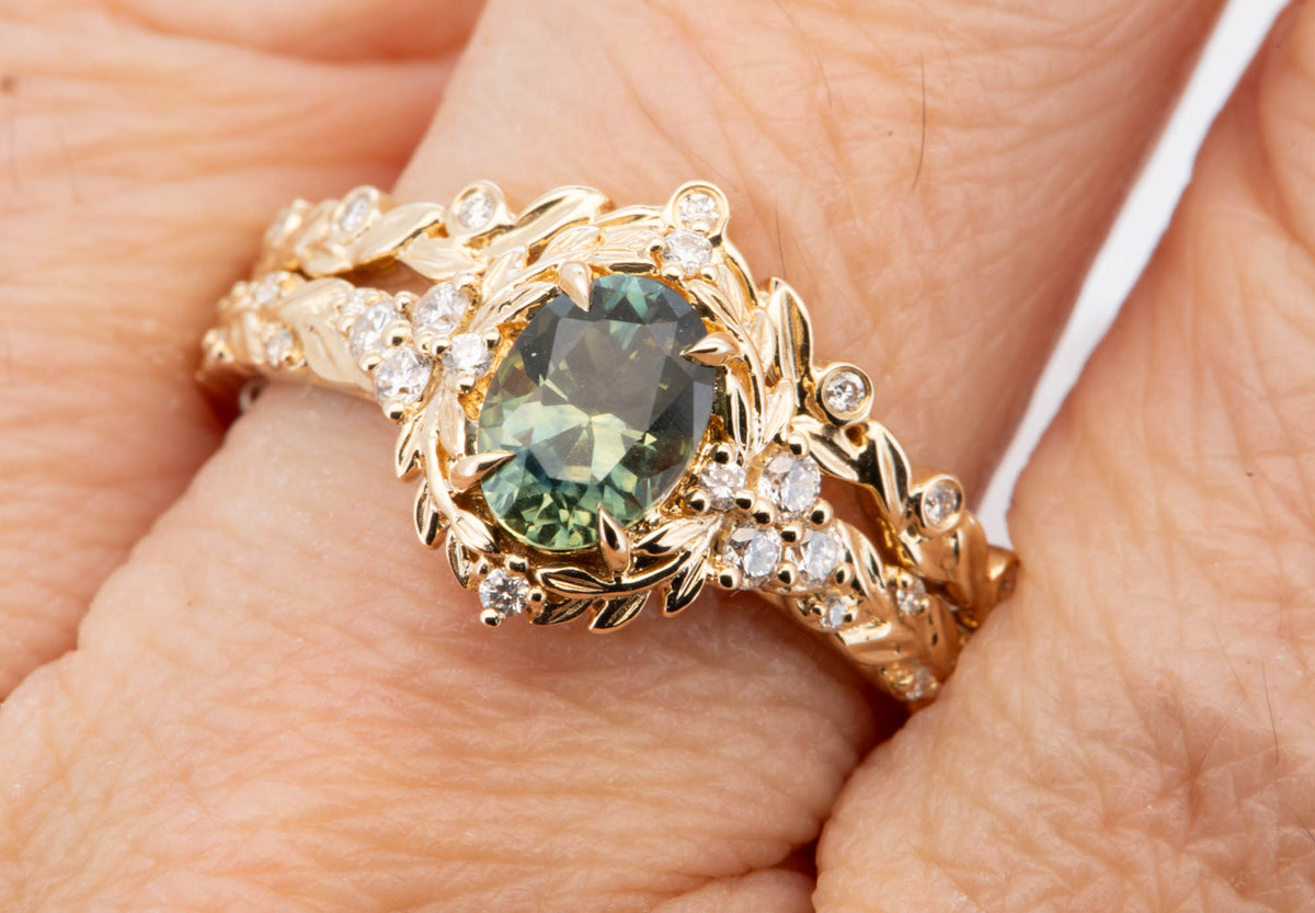 14K Gold Montana Sapphire Leaf Engagement Ring Set with Matching Wedding Band